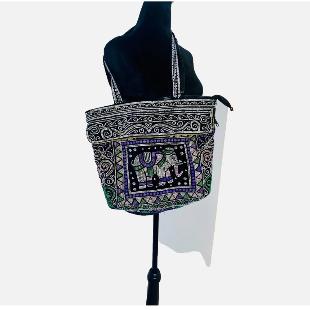 Elephant Embellished Beaded Tote Bag - Shoulder Bag